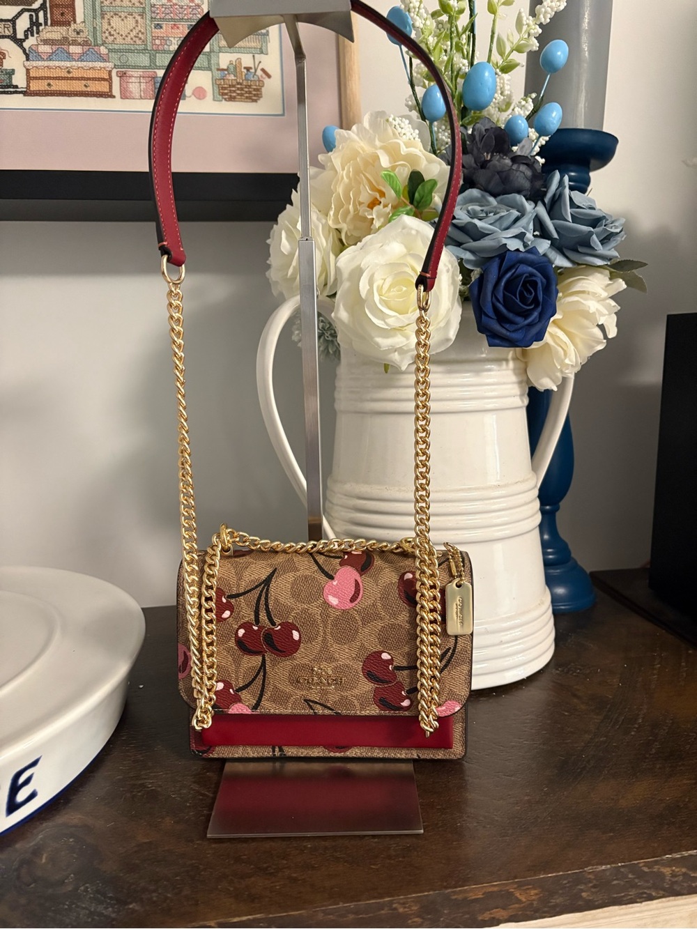 Coach Mini Klare Cherry-Print Signature Crossbody Bag in Brown and Red